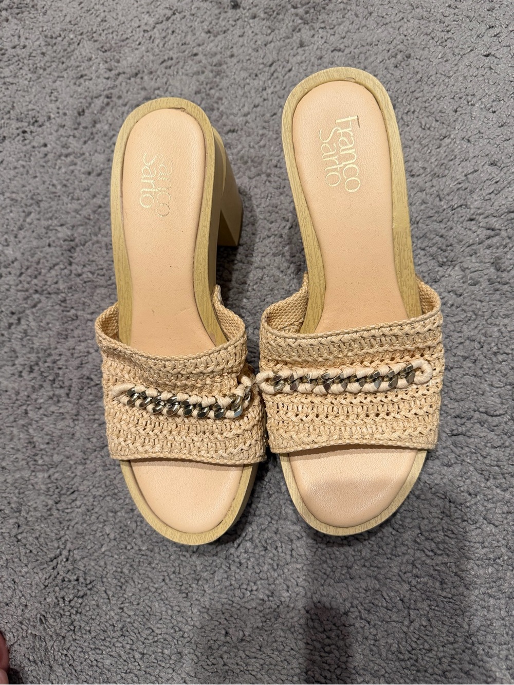 Franco Sarto Natural Woven Slide Mules with Chain Trim